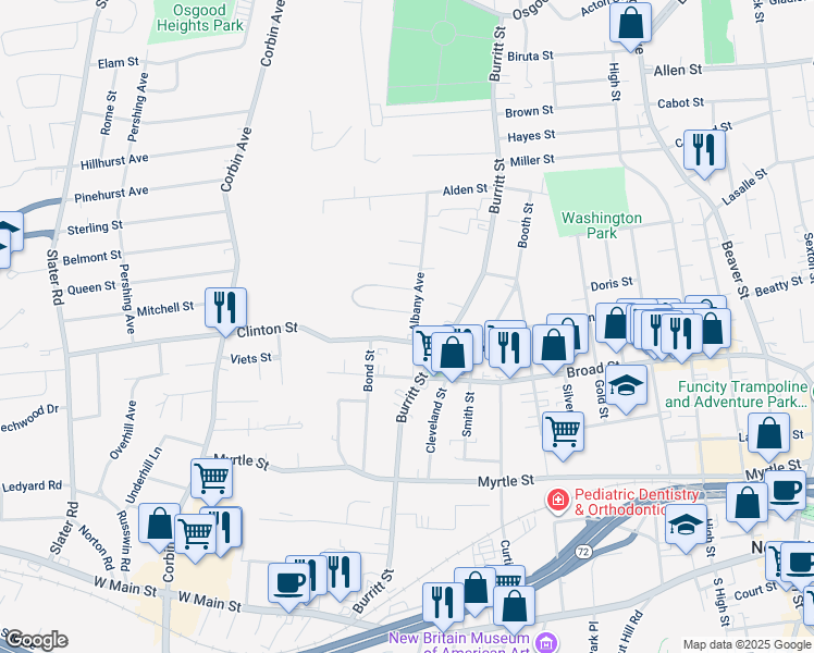 map of restaurants, bars, coffee shops, grocery stores, and more near in New Britain