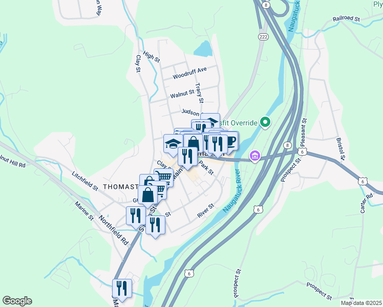 map of restaurants, bars, coffee shops, grocery stores, and more near 40 High Street in Thomaston