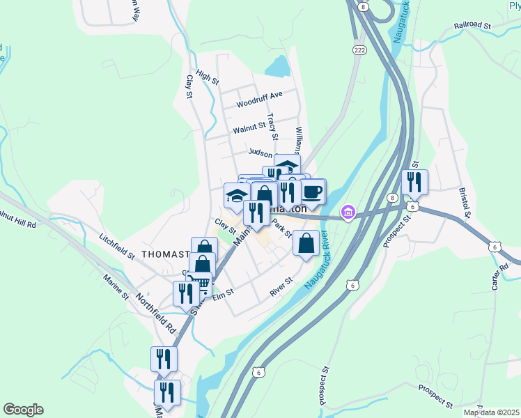 map of restaurants, bars, coffee shops, grocery stores, and more near 40 High Street in Thomaston