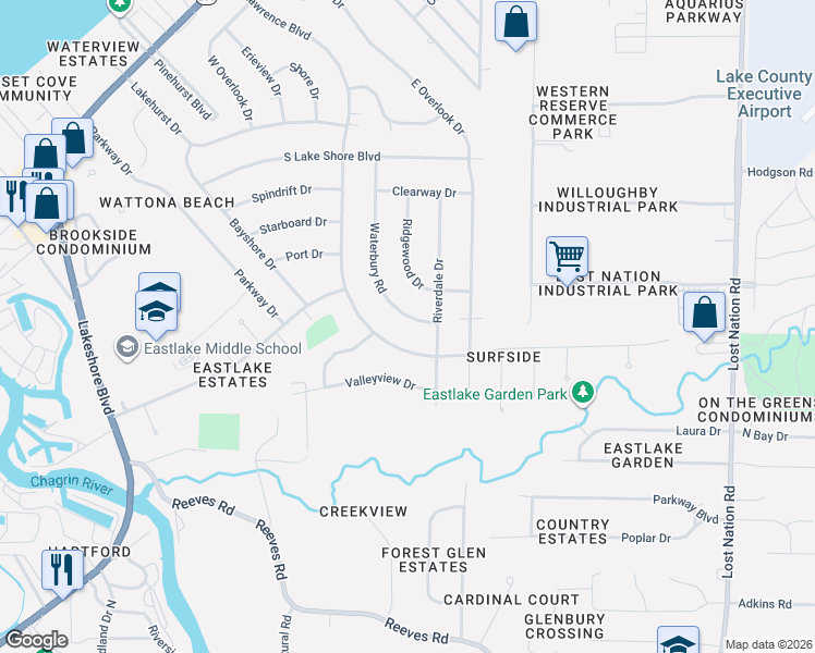 map of restaurants, bars, coffee shops, grocery stores, and more near 473 Waterbury Road in Eastlake
