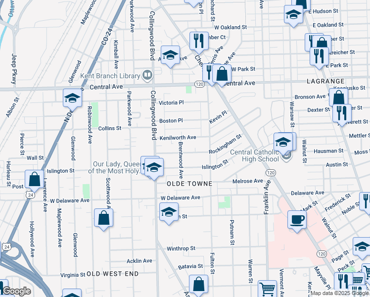 map of restaurants, bars, coffee shops, grocery stores, and more near 2716 Brentwood Avenue in Toledo