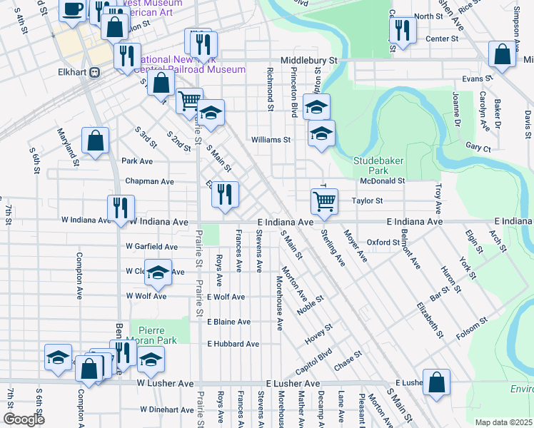 map of restaurants, bars, coffee shops, grocery stores, and more near 300-398 May Street in Elkhart