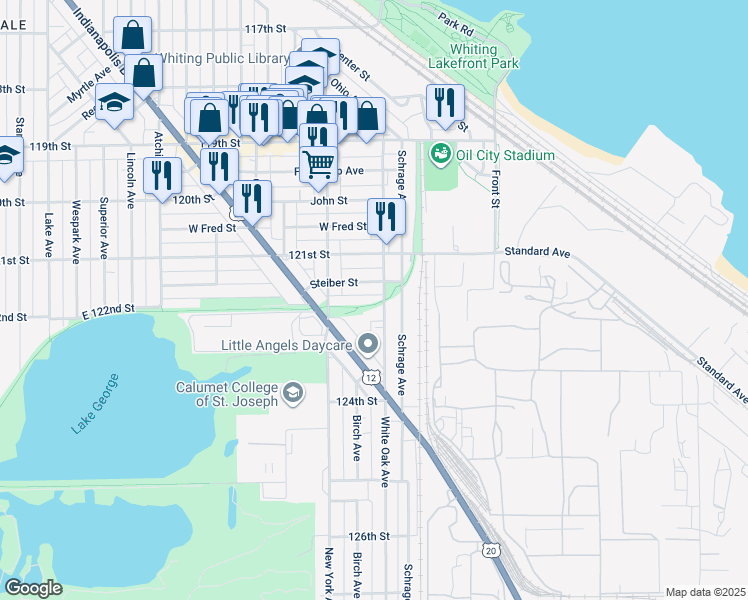 map of restaurants, bars, coffee shops, grocery stores, and more near 2201 White Oak Avenue in Whiting