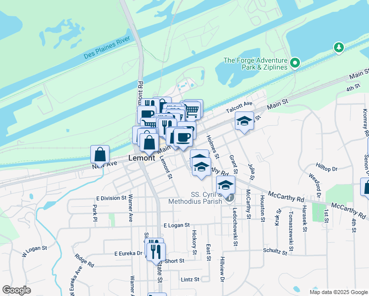 map of restaurants, bars, coffee shops, grocery stores, and more near in Lemont