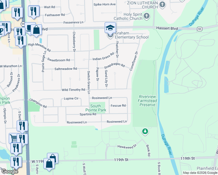 map of restaurants, bars, coffee shops, grocery stores, and more near 5335 Sand Lily Drive in Naperville