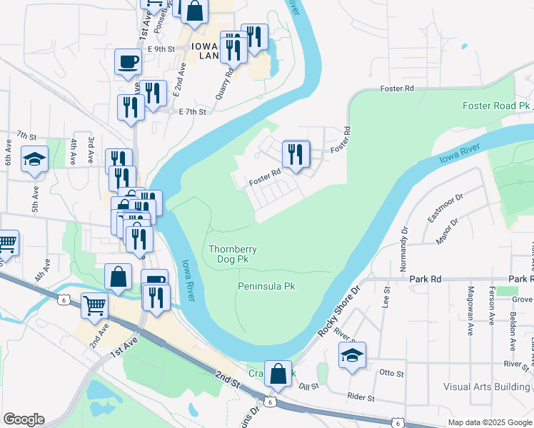 map of restaurants, bars, coffee shops, grocery stores, and more near 1795 Foster Road in Iowa City