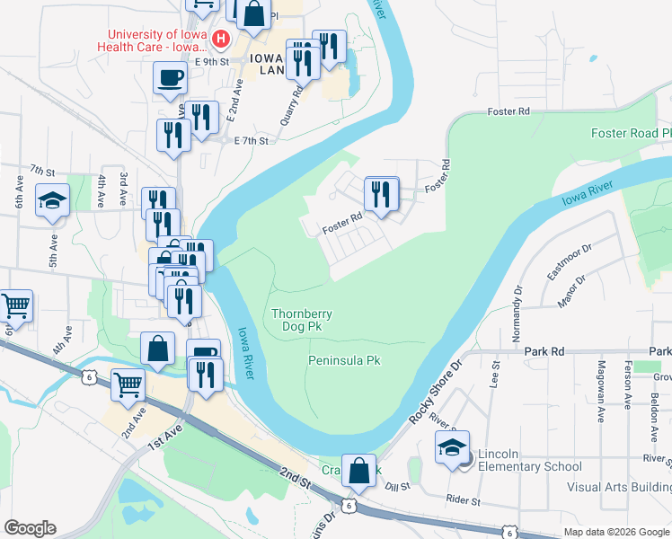 map of restaurants, bars, coffee shops, grocery stores, and more near 1795 Foster Road in Iowa City