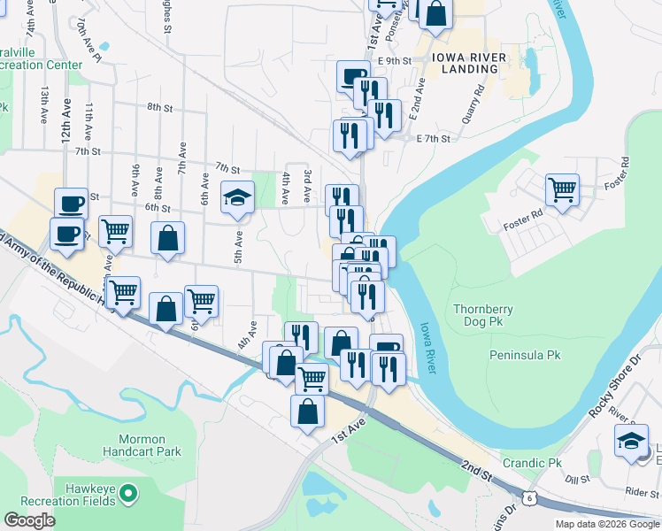 map of restaurants, bars, coffee shops, grocery stores, and more near 504 2nd Avenue in Coralville