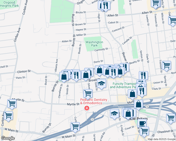 map of restaurants, bars, coffee shops, grocery stores, and more near 71 Lyman Street in New Britain