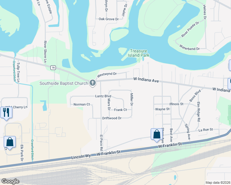 map of restaurants, bars, coffee shops, grocery stores, and more near 28912 Miller Dr in Elkhart