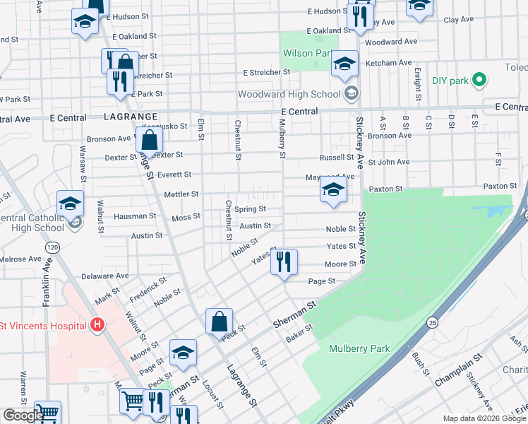 map of restaurants, bars, coffee shops, grocery stores, and more near 558 Spring Street in Toledo