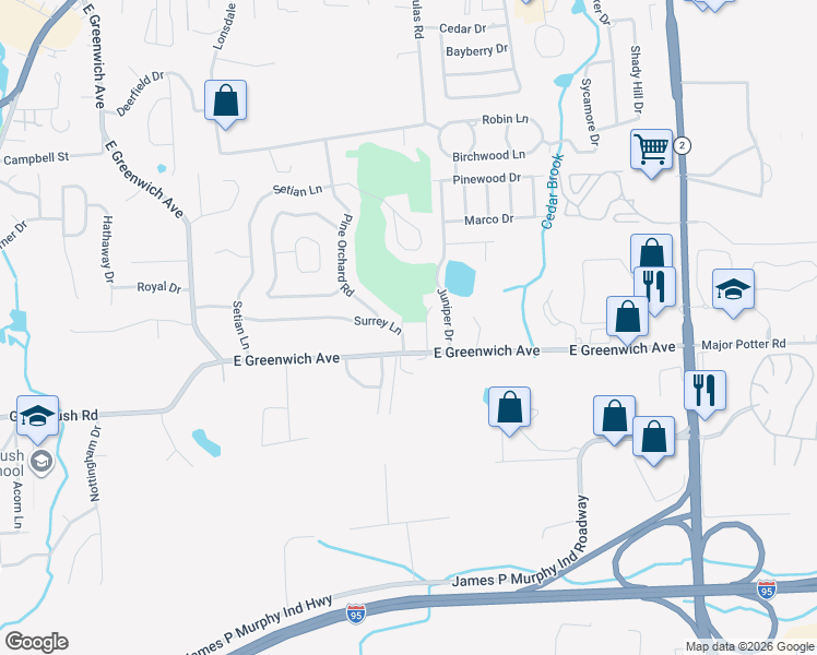 map of restaurants, bars, coffee shops, grocery stores, and more near 17 Surrey Lane in West Warwick