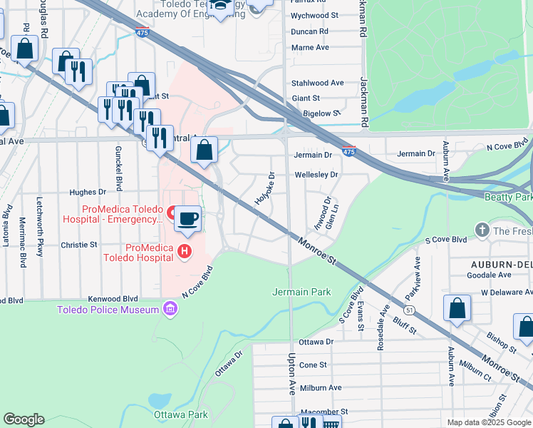 map of restaurants, bars, coffee shops, grocery stores, and more near 2733 Bryn Mawr Drive in Toledo
