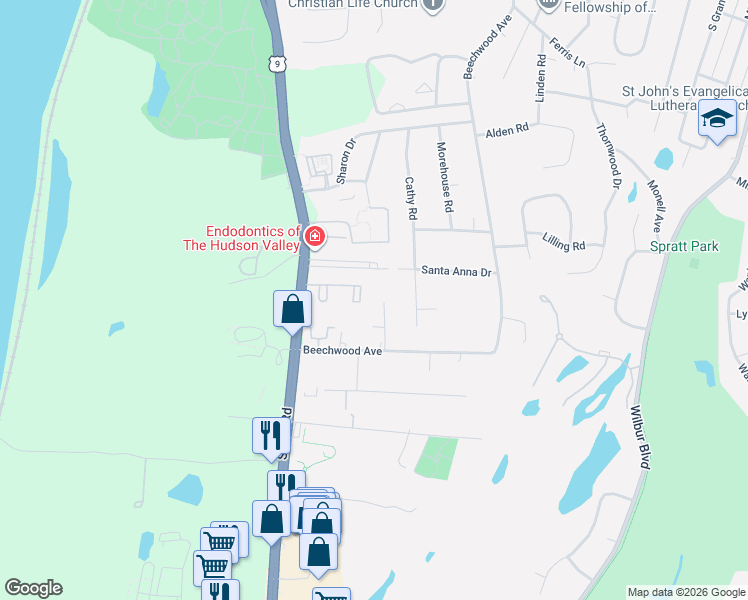 map of restaurants, bars, coffee shops, grocery stores, and more near 9 Marcinelli Court in Poughkeepsie