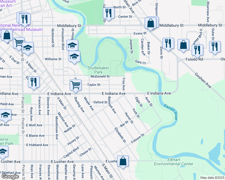 map of restaurants, bars, coffee shops, grocery stores, and more near 1010 East Indiana Avenue in Elkhart