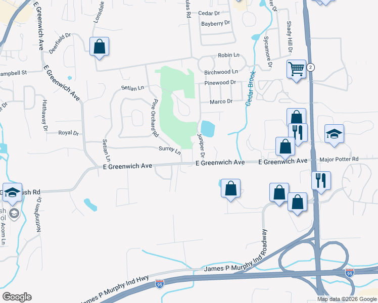 map of restaurants, bars, coffee shops, grocery stores, and more near 17 Surrey Lane in West Warwick