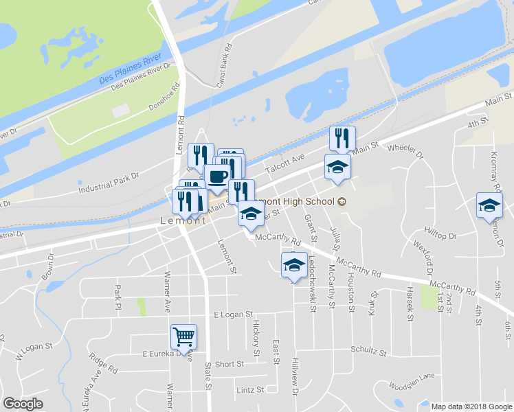 map of restaurants, bars, coffee shops, grocery stores, and more near 498 East Illinois Street in Lemont