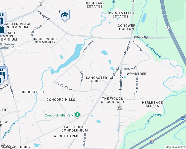 map of restaurants, bars, coffee shops, grocery stores, and more near Lancaster Court in Painesville