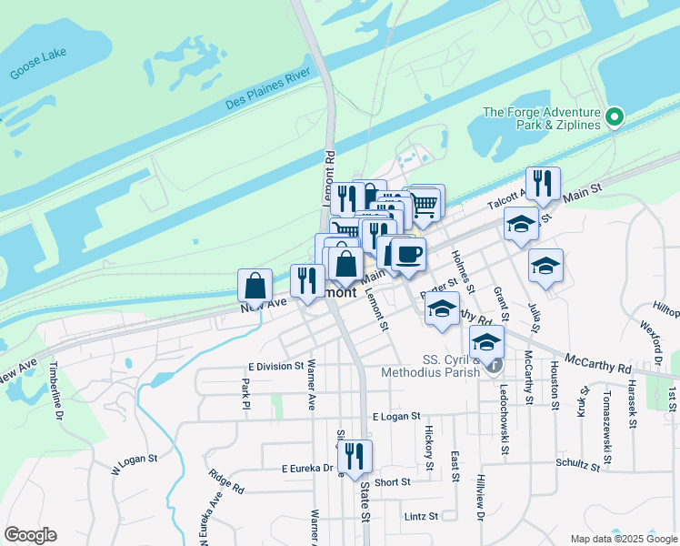 map of restaurants, bars, coffee shops, grocery stores, and more near 225 Canal Street in Lemont