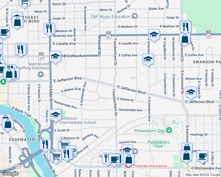 map of restaurants, bars, coffee shops, grocery stores, and more near 207 South Twyckenham Drive in South Bend