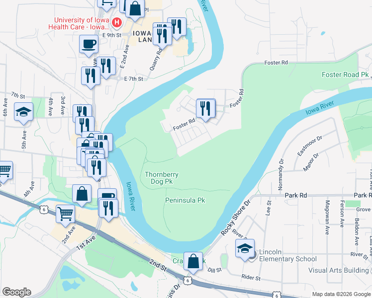 map of restaurants, bars, coffee shops, grocery stores, and more near 1795 Foster Road in Iowa City