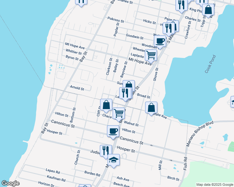 map of restaurants, bars, coffee shops, grocery stores, and more near 396 Bayview Street in Fall River