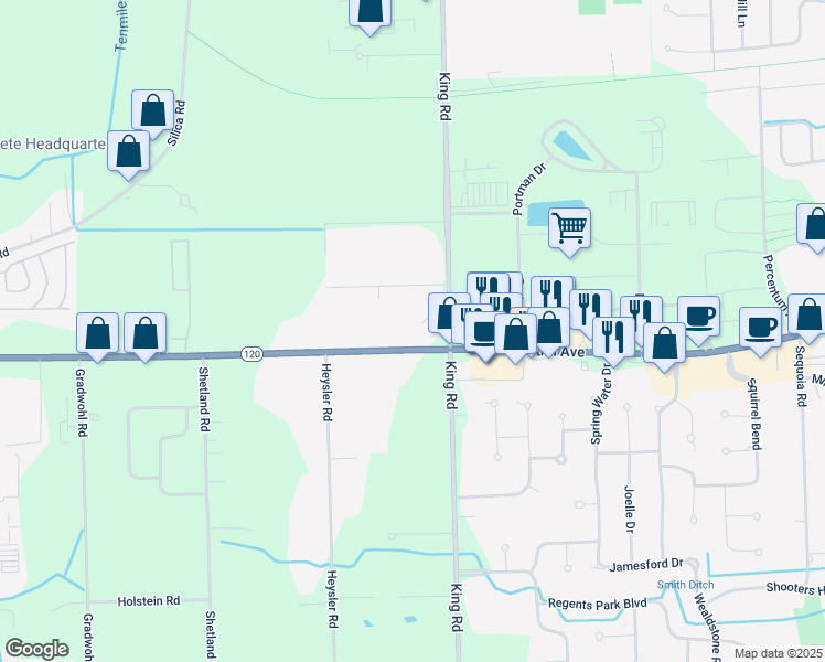 map of restaurants, bars, coffee shops, grocery stores, and more near 7536 Central Avenue in Toledo