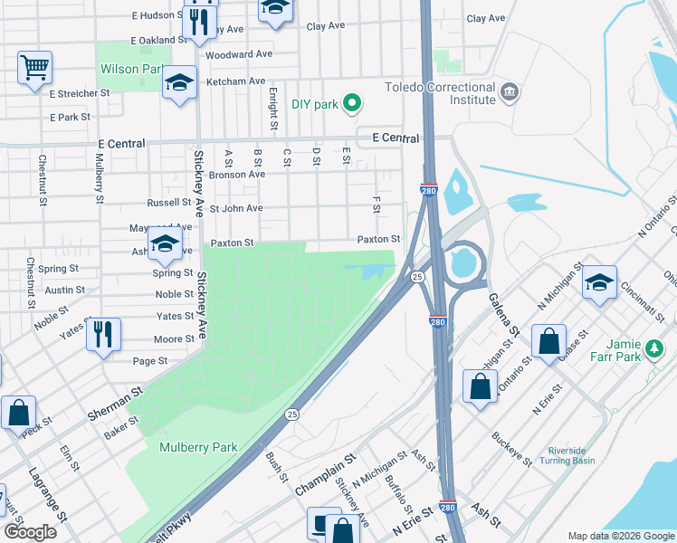 map of restaurants, bars, coffee shops, grocery stores, and more near 1220 Buckeye Street in Toledo