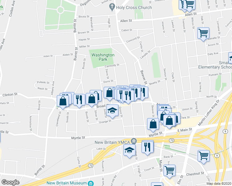 map of restaurants, bars, coffee shops, grocery stores, and more near 169 Grove Street in New Britain