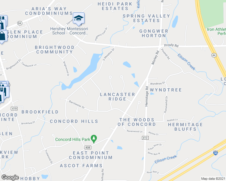 map of restaurants, bars, coffee shops, grocery stores, and more near 7184 Lancaster Court in Painesville