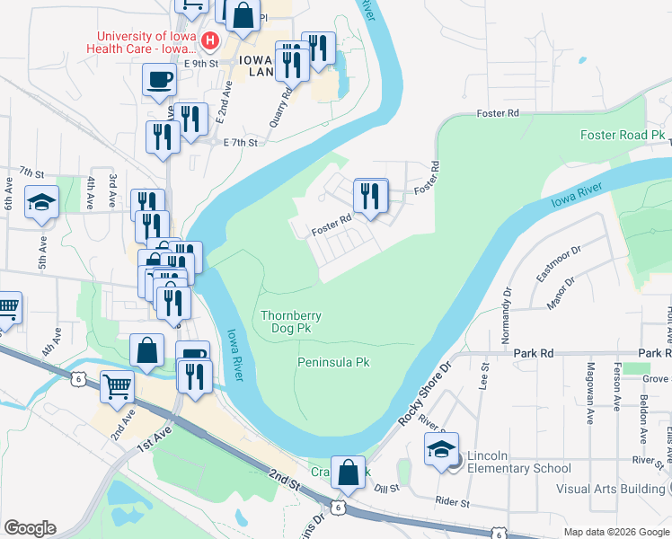 map of restaurants, bars, coffee shops, grocery stores, and more near 1795 Foster Road in Iowa City