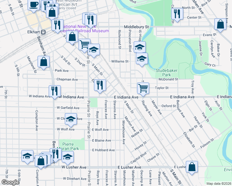 map of restaurants, bars, coffee shops, grocery stores, and more near 300-398 May Street in Elkhart