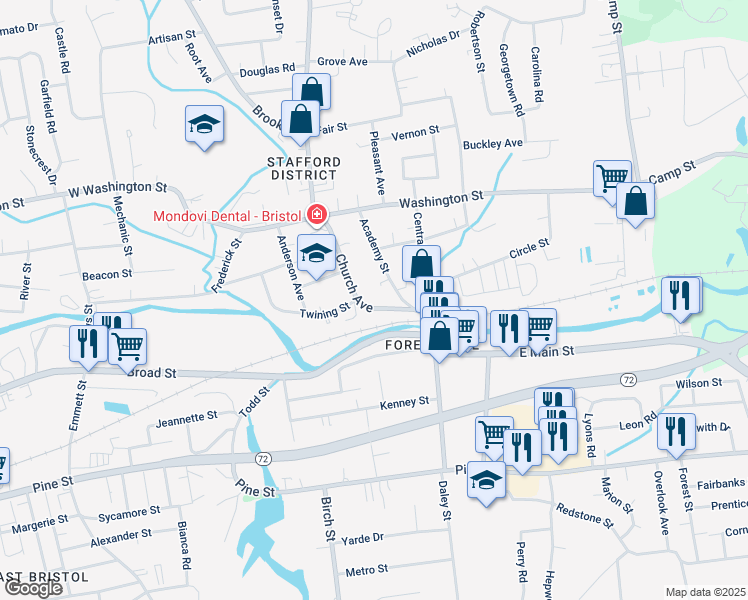 map of restaurants, bars, coffee shops, grocery stores, and more near 90 Church Avenue in Bristol