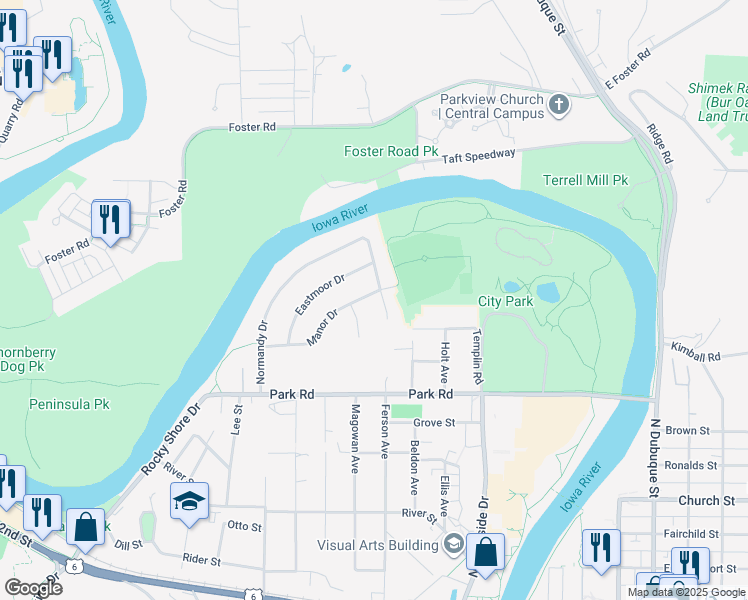 map of restaurants, bars, coffee shops, grocery stores, and more near 732 Manor Drive in Iowa City