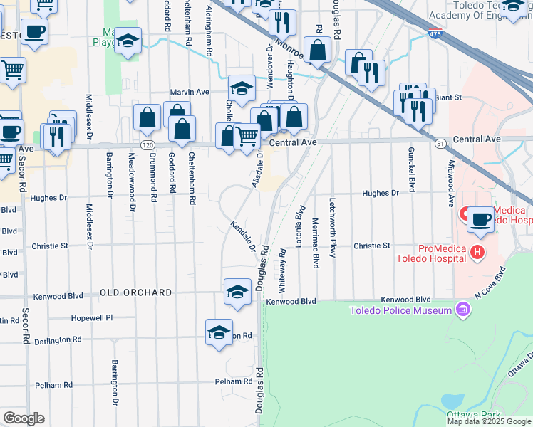 map of restaurants, bars, coffee shops, grocery stores, and more near 2939 Douglas Road in Toledo