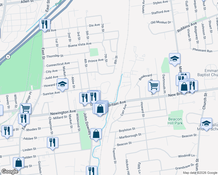 map of restaurants, bars, coffee shops, grocery stores, and more near 99 Sunrise Circle in Newington