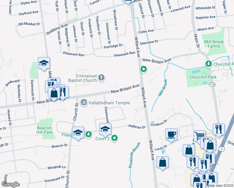 map of restaurants, bars, coffee shops, grocery stores, and more near 245 New Britain Avenue in Newington