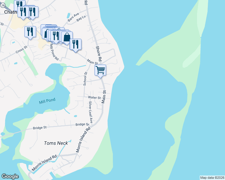 map of restaurants, bars, coffee shops, grocery stores, and more near 26 Andrew Hardings Lane in Chatham