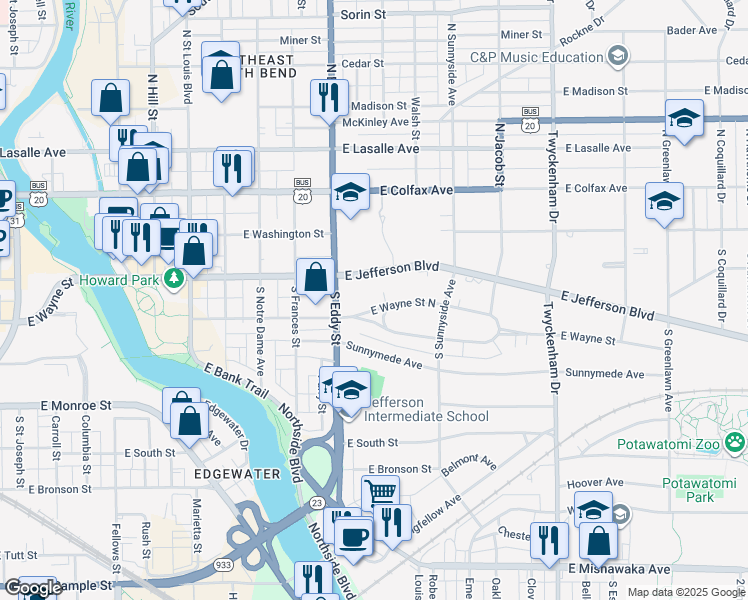 map of restaurants, bars, coffee shops, grocery stores, and more near 1123-1199 E Wayne Street North in South Bend