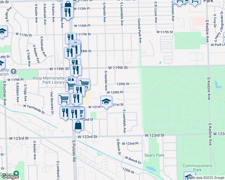 map of restaurants, bars, coffee shops, grocery stores, and more near 3732 W 120th Pl in Chicago