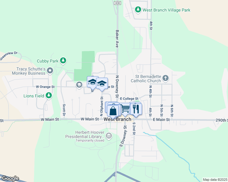 map of restaurants, bars, coffee shops, grocery stores, and more near 328 North Downey Street in West Branch