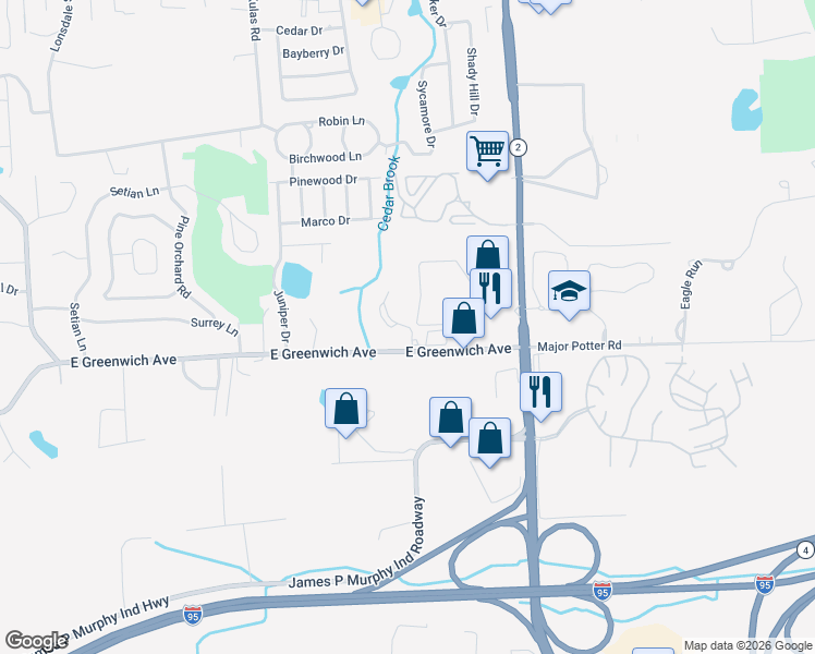 map of restaurants, bars, coffee shops, grocery stores, and more near 70 Dogwood Drive in West Warwick