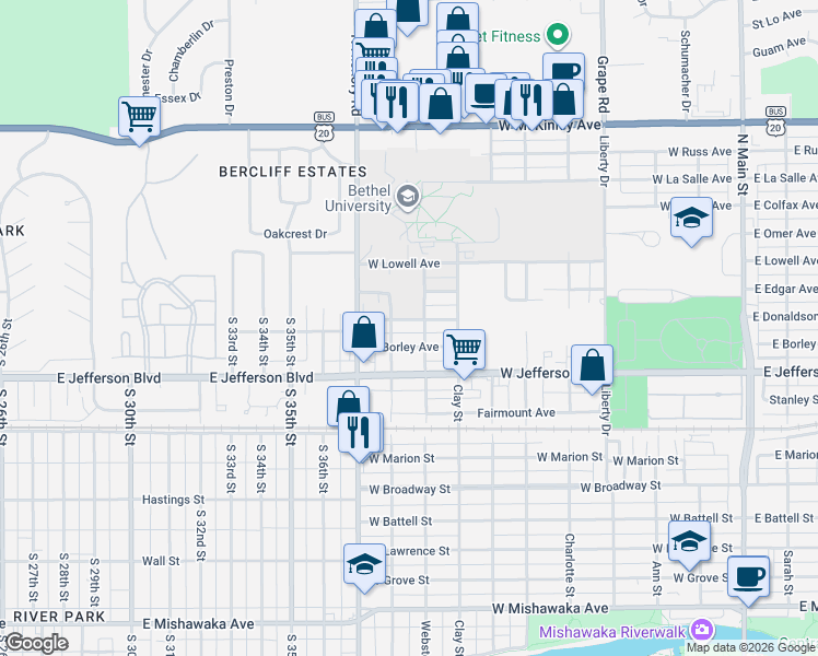 map of restaurants, bars, coffee shops, grocery stores, and more near 913 West Donaldson Avenue in Mishawaka