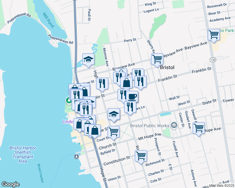 map of restaurants, bars, coffee shops, grocery stores, and more near 529 Wood Street in Bristol