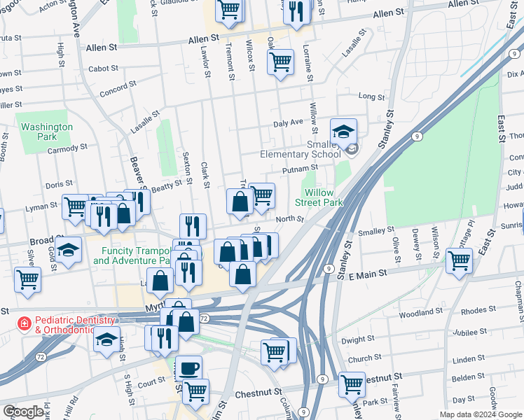 map of restaurants, bars, coffee shops, grocery stores, and more near 10 Erwin Place in New Britain