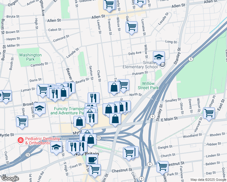 map of restaurants, bars, coffee shops, grocery stores, and more near 19 Lawlor Street in New Britain