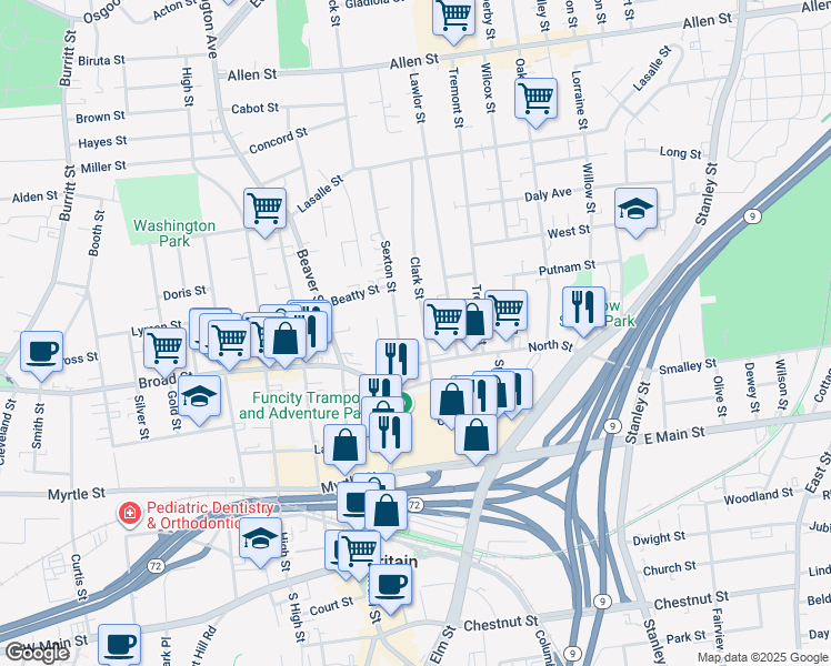 map of restaurants, bars, coffee shops, grocery stores, and more near 100 Clark Street in New Britain