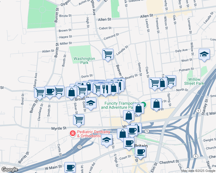 map of restaurants, bars, coffee shops, grocery stores, and more near 241 High Street in New Britain