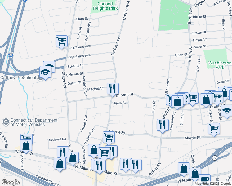 map of restaurants, bars, coffee shops, grocery stores, and more near 239 Clinton Street in New Britain