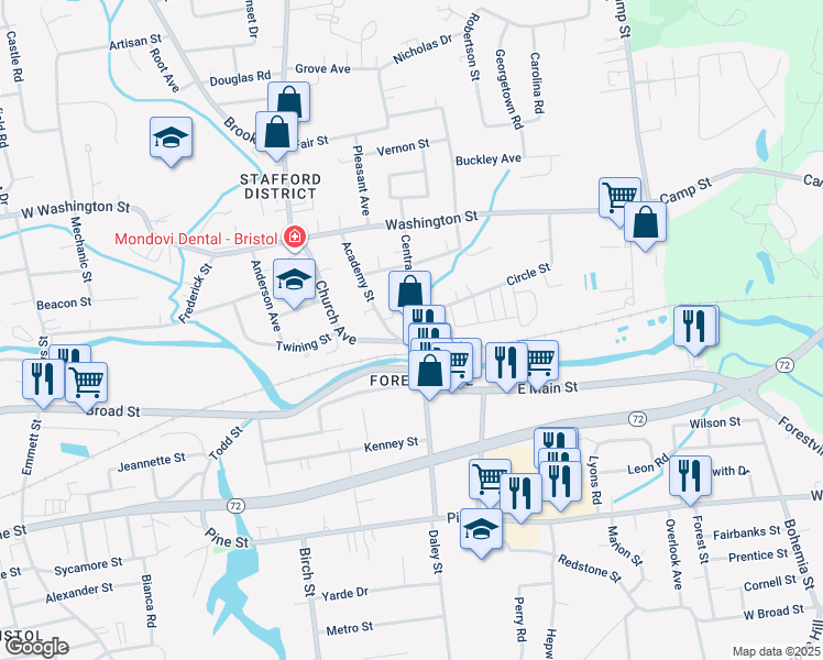 map of restaurants, bars, coffee shops, grocery stores, and more near 199 Central Street in Bristol